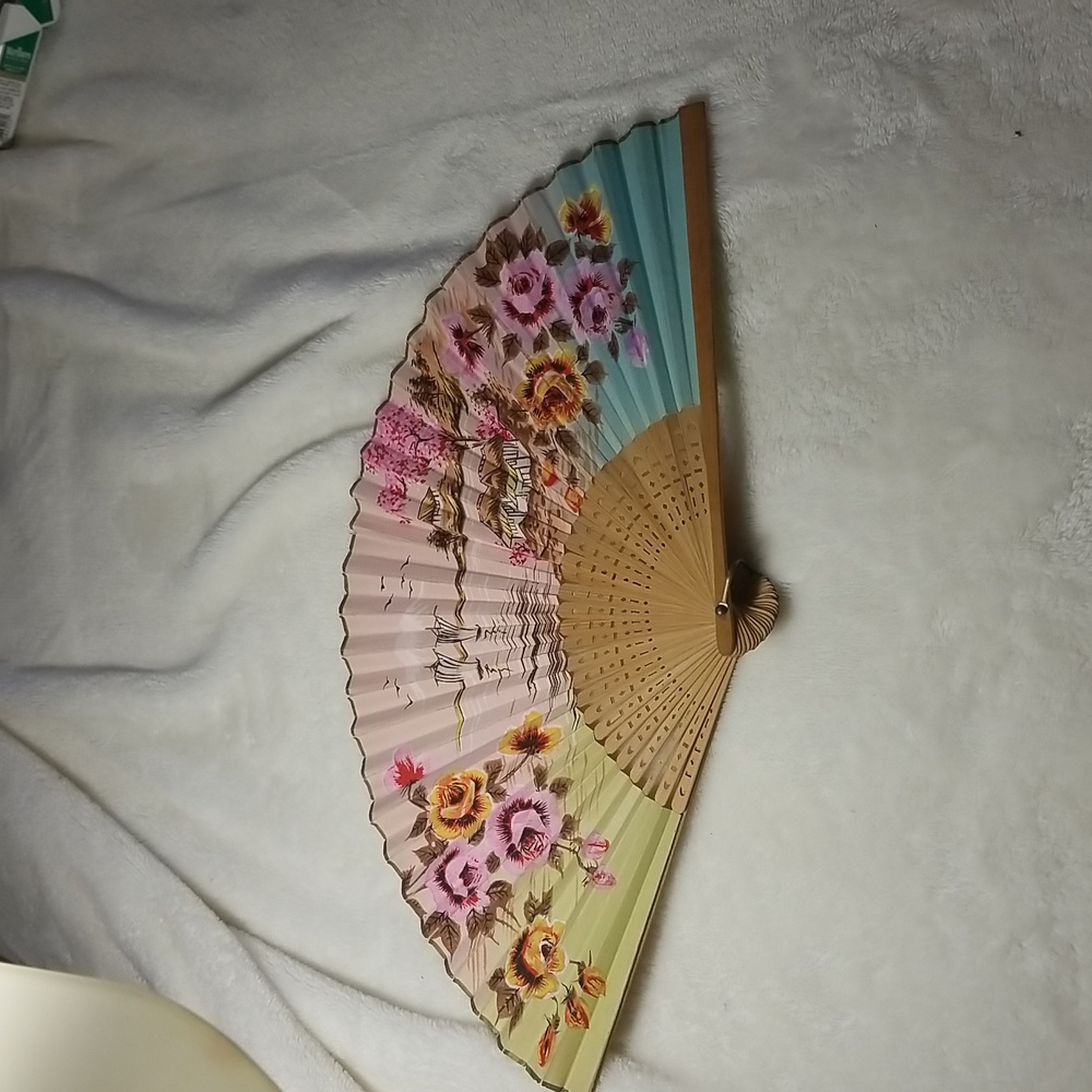 Vintage Hand Held Folding Fan Hand Painted Pink Yellow Cherry Blossom